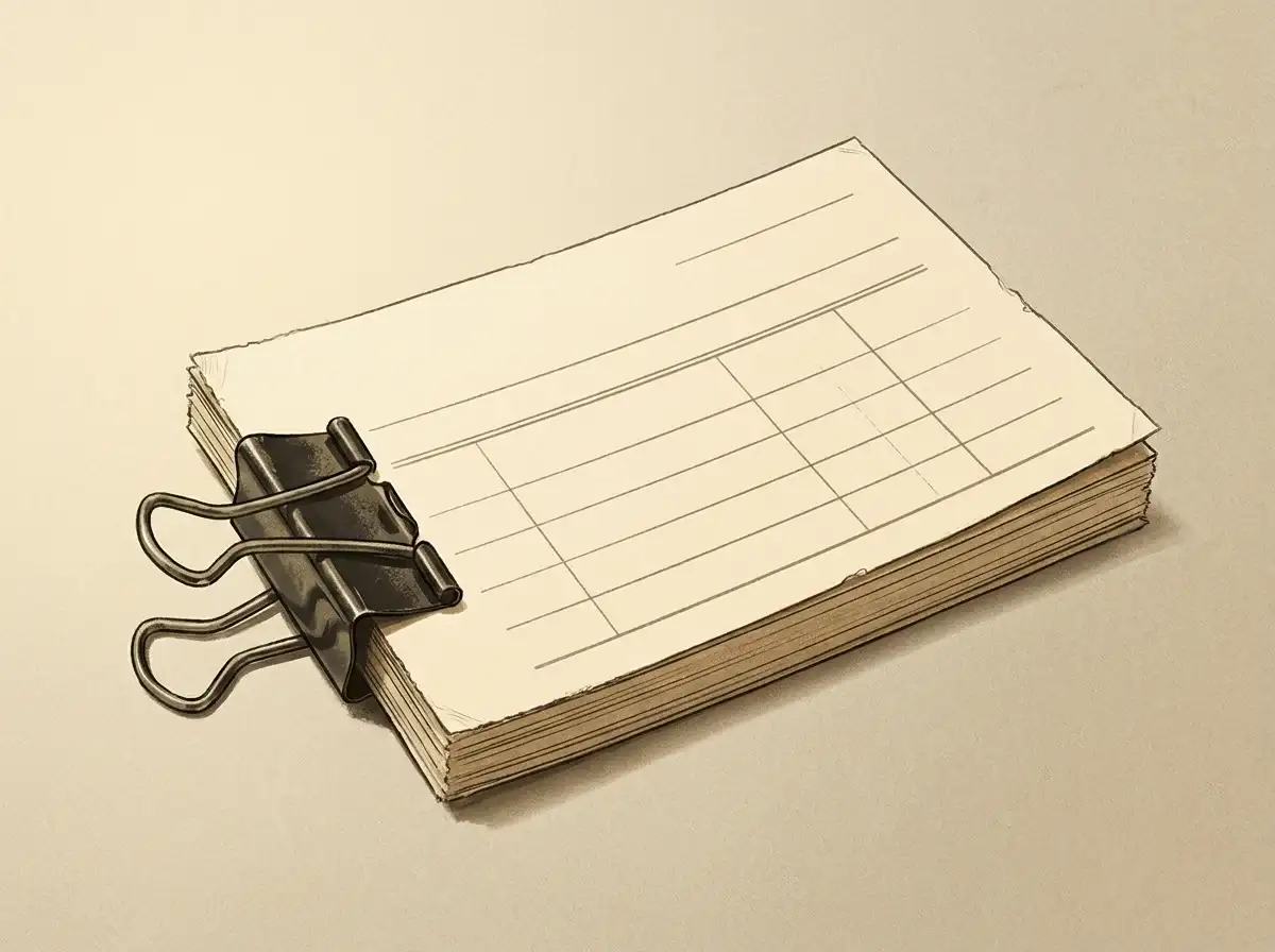 Illustrated study of duplicate work-order tickets bound with a binder clip