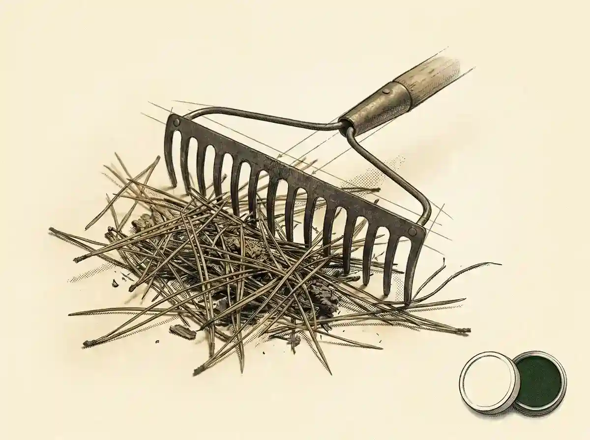 Illustrated study of a rake resting among a small pile of pine needles